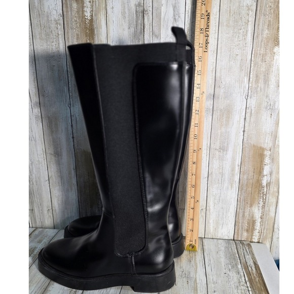 H&M Black Faux Leather Knee High Boots Chunky Sole Elastic Panel Size 38 - Picture 3 of 9